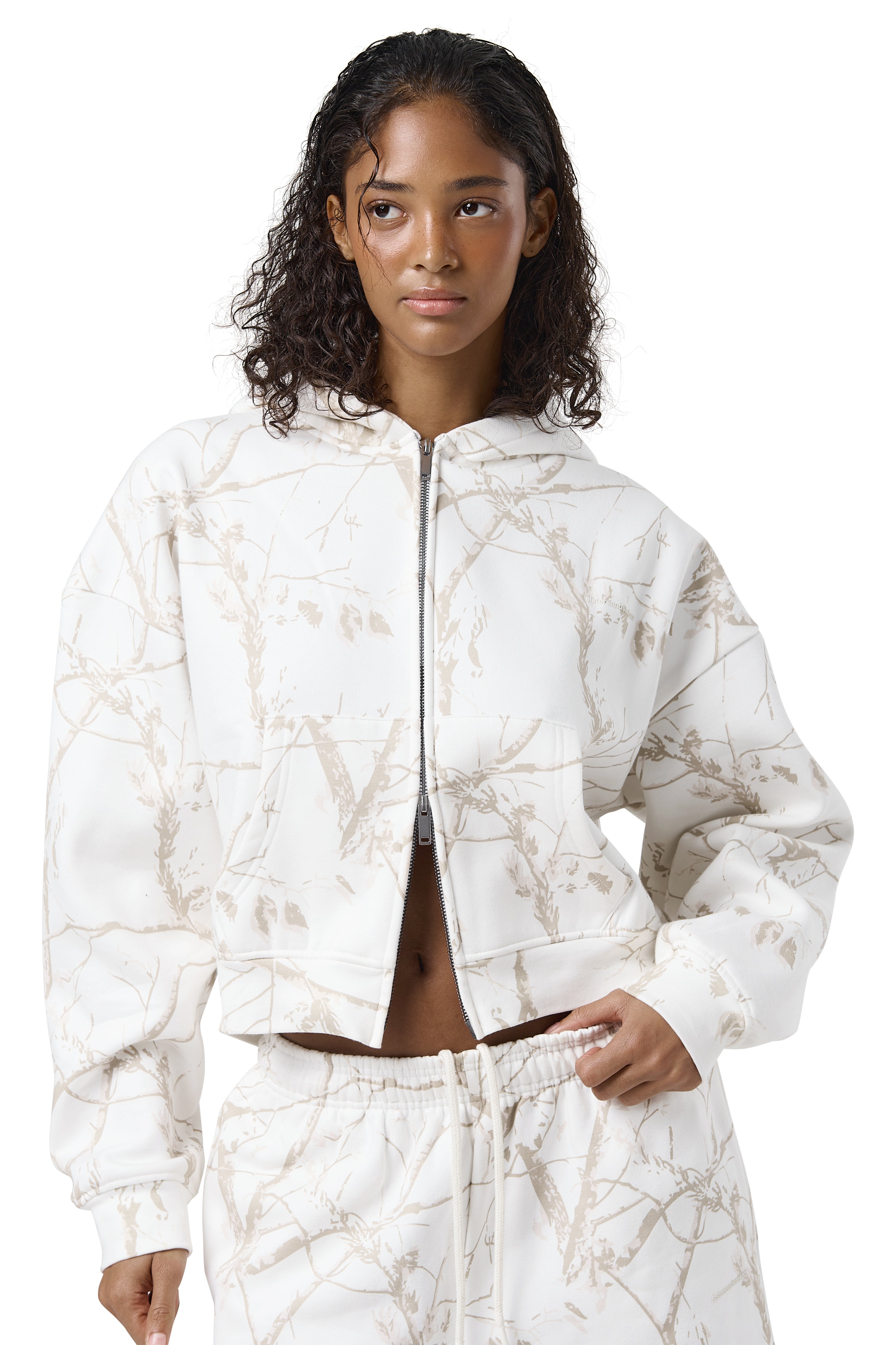 Off-White camouflage shrunken zip-up hoodie in a milky colour, featuring a twig-like print running through the design